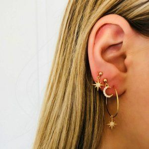 Gold Star Moon Stud & Hoop Earrings Set